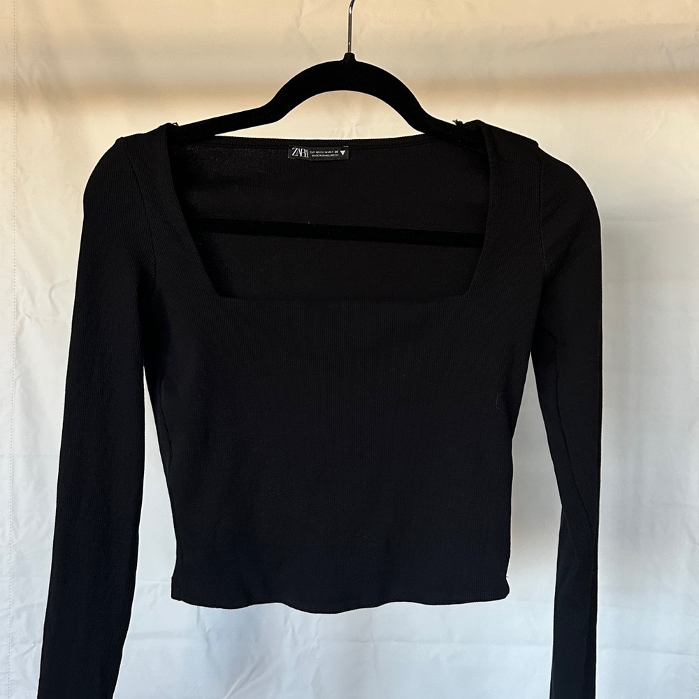 Zara Black Square Neck Long Sleeve Crop Top